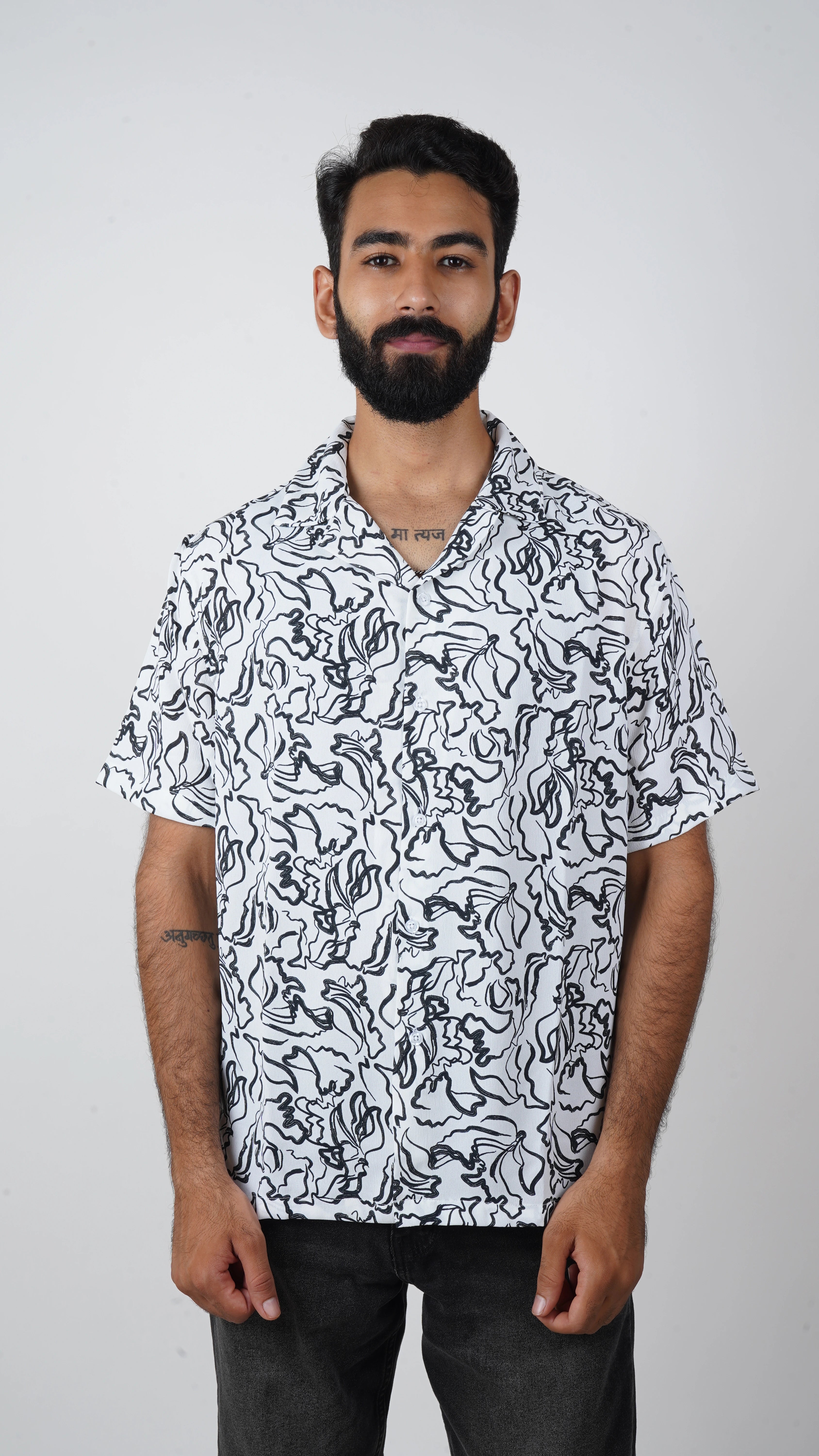 BRO'S VANITY Men's Abstract Printed Casual Shirt with Camp Collar – White