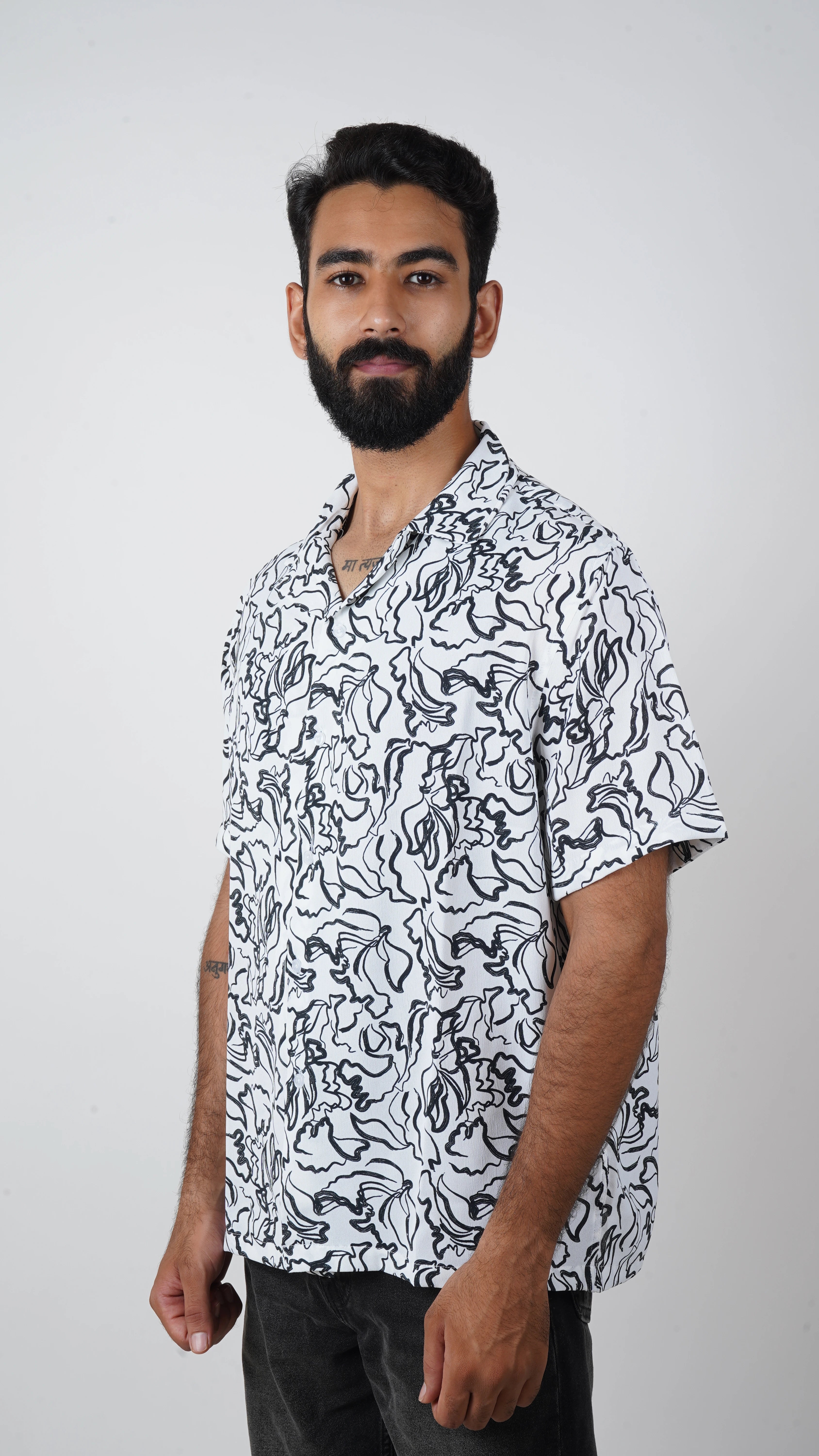 BRO'S VANITY Men's Abstract Printed Casual Shirt with Camp Collar – White