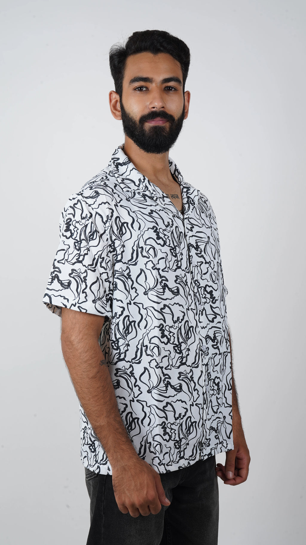 BRO'S VANITY Men's Abstract Printed Casual Shirt with Camp Collar – White