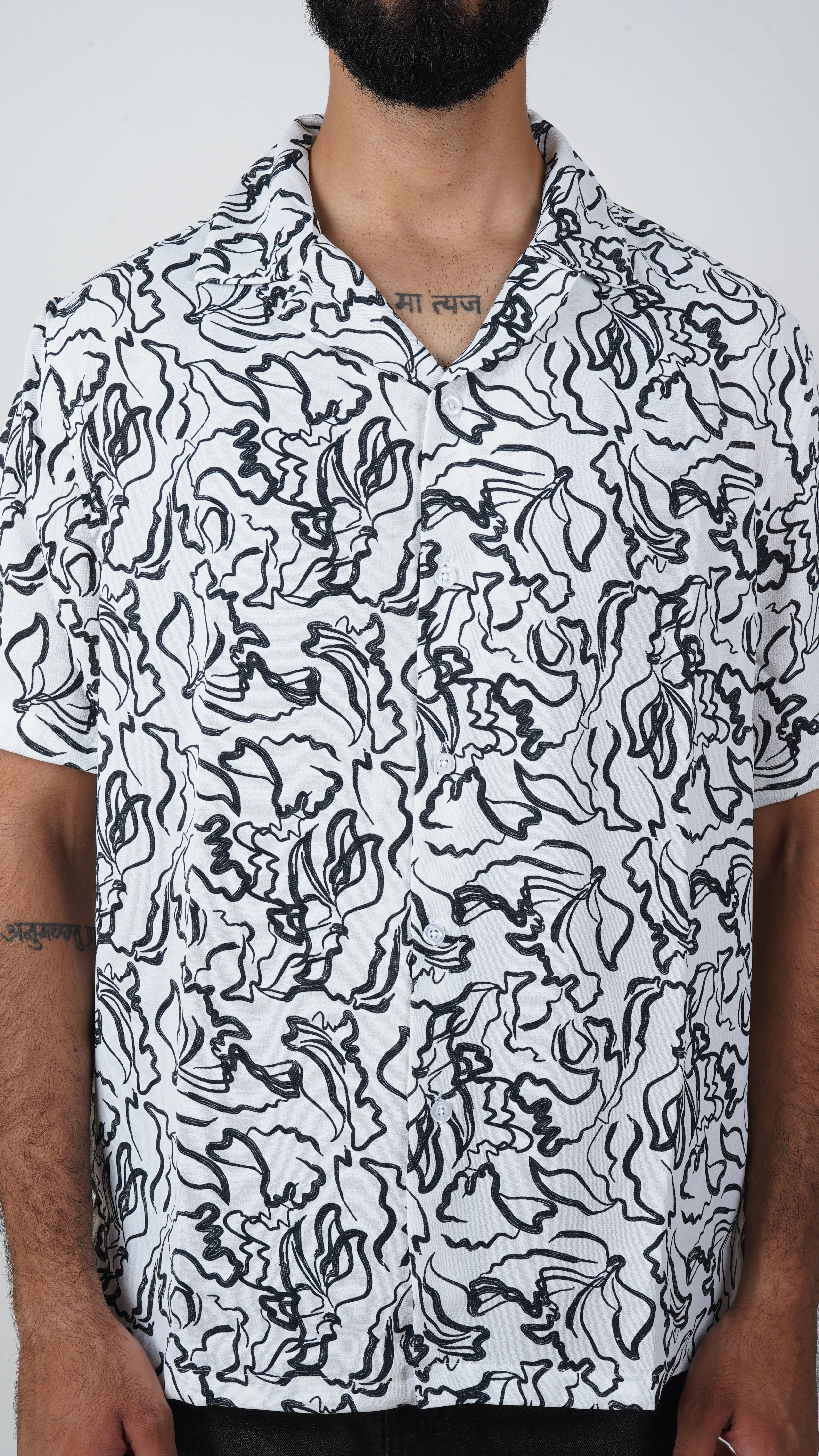 BRO'S VANITY Men's Abstract Printed Casual Shirt with Camp Collar – White