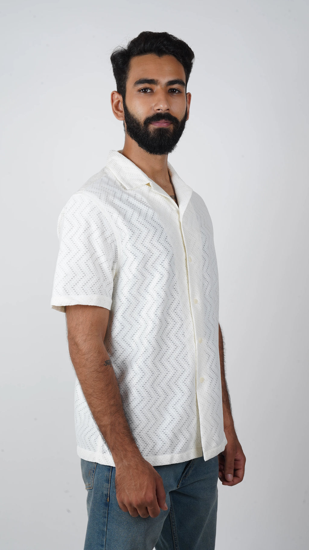 BRO'S VANITY White Classic Cutaway Collar Short Sleeves Wave Pattern Casual Crochet Shirt