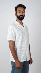 BRO'S VANITY White Classic Cutaway Collar Short Sleeves Wave Pattern Casual Crochet Shirt