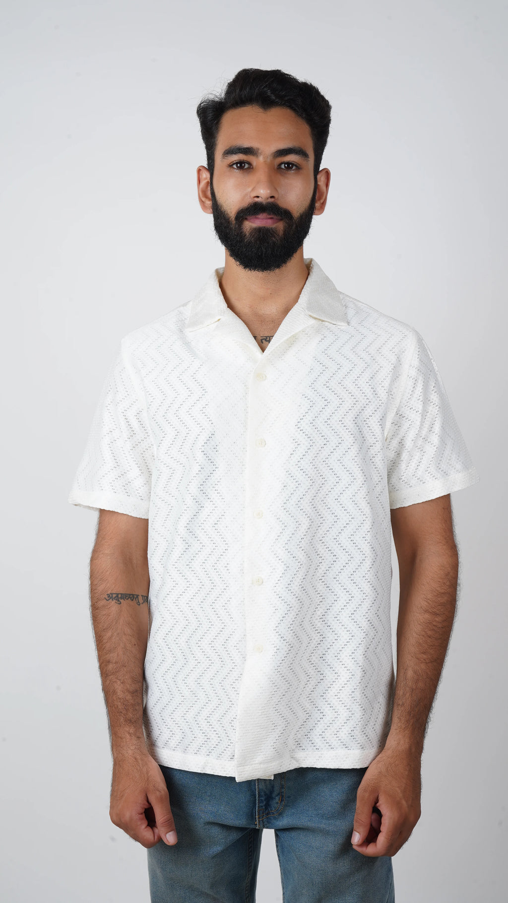BRO'S VANITY White Classic Cutaway Collar Short Sleeves Wave Pattern Casual Crochet Shirt
