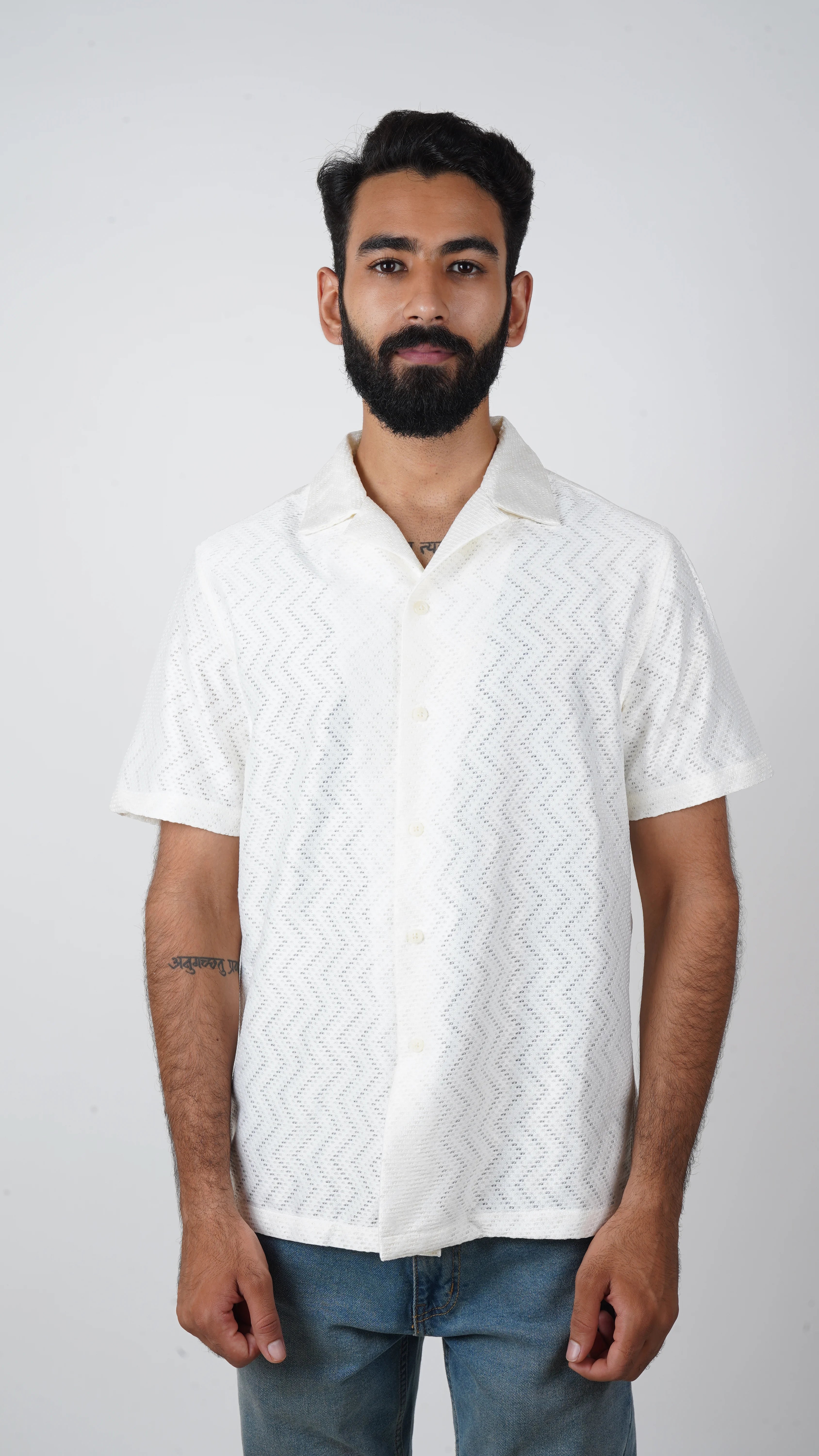 BRO'S VANITY White Classic Cutaway Collar Short Sleeves Wave Pattern Casual Crochet Shirt