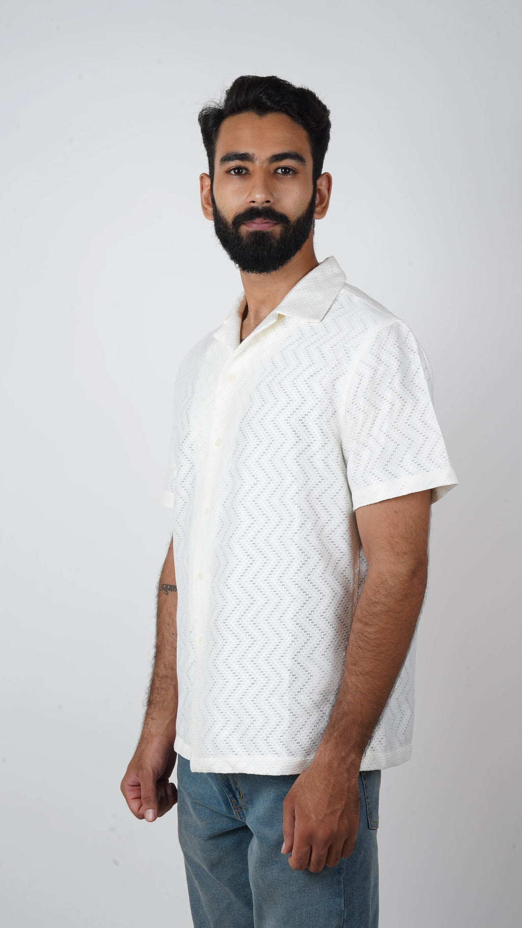 BRO'S VANITY White Classic Cutaway Collar Short Sleeves Wave Pattern Casual Crochet Shirt