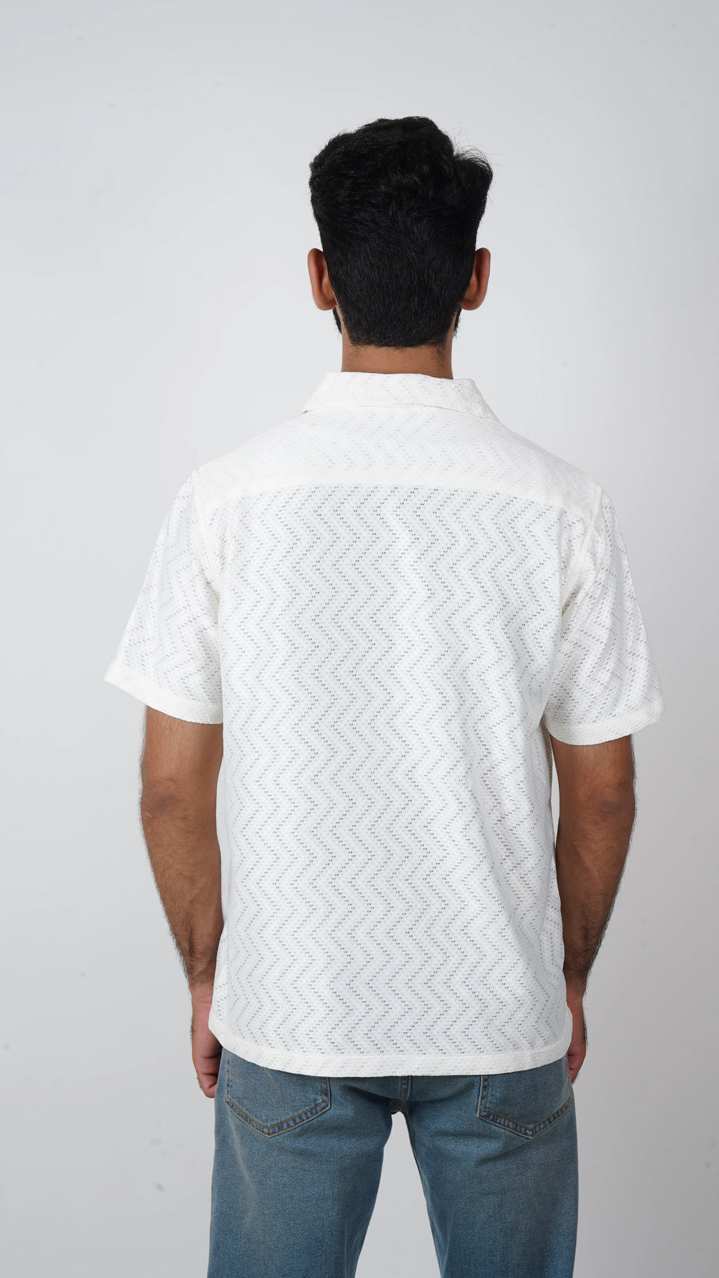 BRO'S VANITY White Classic Cutaway Collar Short Sleeves Wave Pattern Casual Crochet Shirt
